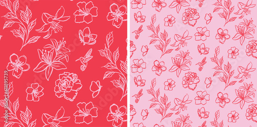 Floral repeating pattern. Hand drawn flat seamless repeating pattern. Editable vector file. Can use as background, print, fashion fabric, wallpaper, wrapping paper, etc. © RooLeeLu