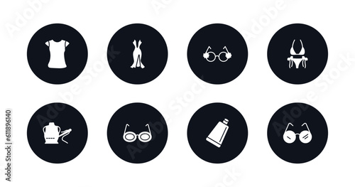 symbol for mobile filled icons set. filled icons such as polo shirt for women, sexy female dress, round eyeglasses, string bikini, clothing stitches, glasses for eyes, creme container black,