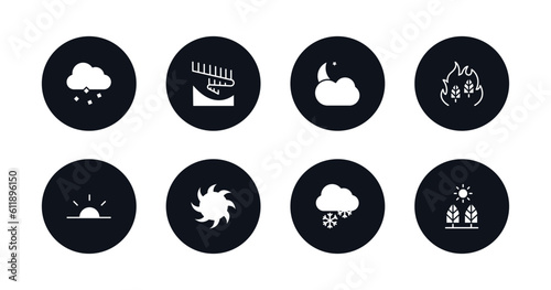 symbol for mobile filled icons set. filled icons such as ice pellets, aurora, cloudy night, wildfire, sunrise, tropical storm, snowy, daytime vector.