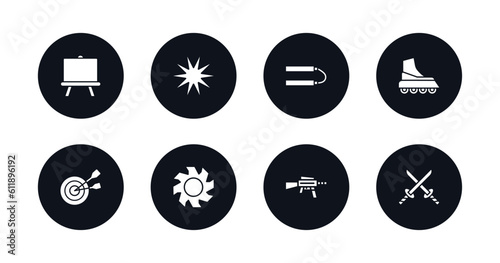 symbol for mobile filled icons set. filled icons such as boards, burst, japanese nunchaku, boarding, objetive, blade, hine gun, 2 katanas vector.