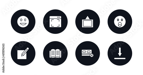 symbol for mobile filled icons set. filled icons such as smiling smile, screen in white, image with frame, shocked smile, compose, book opened at center, credit card crossed, bottom vector.