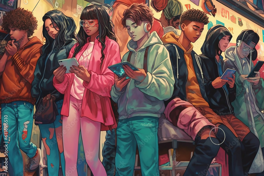 Fototapeta premium group of people playing with gadget , illustrating gen z addiction to gadget