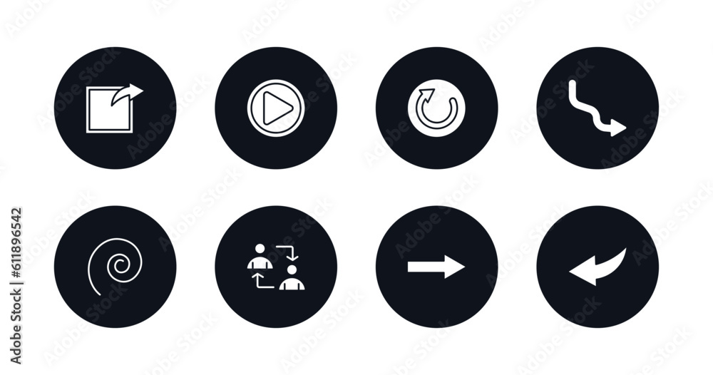 symbol for mobile filled icons set. filled icons such as export arrow, play video button, restart, curve right arrow, spiral tool, exchange personel, arrow pointing right, curve left vector. - obrazy, fototapety, plakaty 