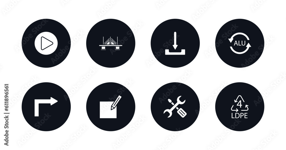 symbol for mobile filled icons set. filled icons such as right arrow play button, bridge, download arrow, alu, turn right arrow, make, mechanic tool, 4 ldpe vector. symbol for mobile filled icons set. filled icons such as right arrow play button, bridge, download arrow, alu, turn right arrow, make, mechanic tool, 4 ldpe vector.