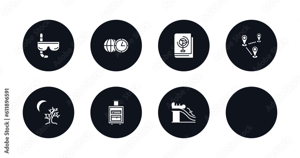 symbol for mobile filled icons set. filled icons such as diving goggles, time zone, geography book, road map and pin, water slide, moon and tree, suitcases, waterpark vector. symbol for mobile filled icons set. filled icons such as diving goggles, time zone, geography book, road map and pin, water slide, moon and tree, suitcases, waterpark vector.
