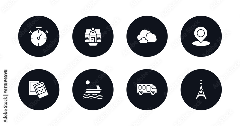 symbol for mobile filled icons set. filled icons such as stopclock, bungalow, cloudy, landmark, , water craft, motorhome, eiffel tower vector. symbol for mobile filled icons set. filled icons such as stopclock, bungalow, cloudy, landmark, , water craft, motorhome, eiffel tower vector.