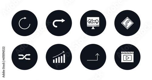 symbol for mobile filled icons set. filled icons such as rotate arrow, curved right arrow, online gambling, right curve, crossover, evolution, turn up arrow, movie play button vector.