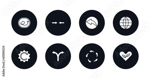 symbol for mobile filled icons set. filled icons such as right loop arrow, turn, back arrow, worldgrid, rotated right arrow, bifurcation, spinning arrows, ecologic heart vector.