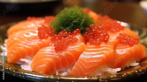 A plate of fresh and delicious salmon，AI generated