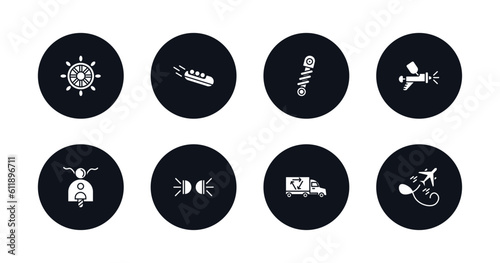 symbol for mobile filled icons set. filled icons such as ship wheel, bobsleigh, shock breaker, car painting, scooter bike, car lights, recycling truck, flying airplane vector.