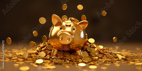 piggy bank with lots of gold coins hyper realistic Realistic photo ornate skull exploding. Generative AI photo