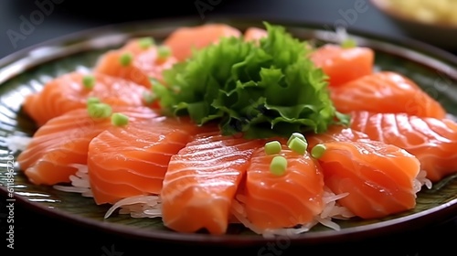 A plate of fresh and delicious salmon，AI generated