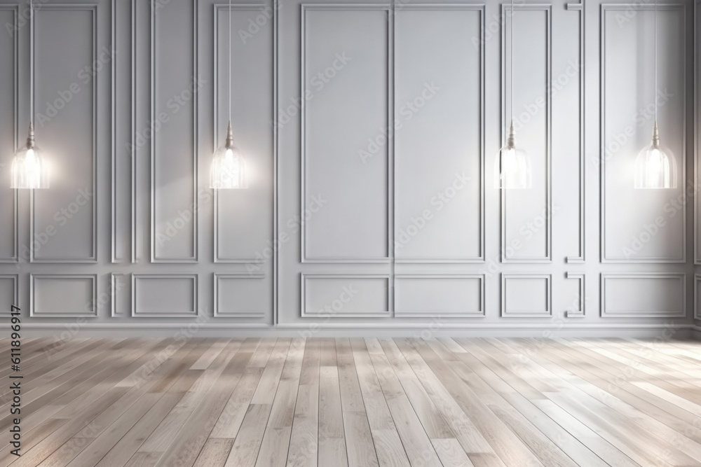 Elegant Interiors: Light Gray Wall with Decorative Panels and Wood Flooring Elegant Interiors: Light Gray Wall with Decorative Panels and Wood Flooring