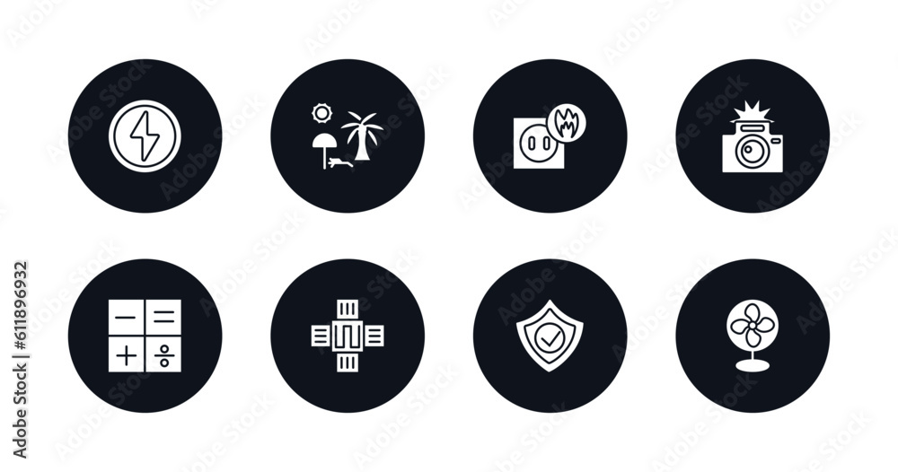 symbol for mobile filled icons set. filled icons such as green flash, holidays, electric socket on fire, camera flash, mathematical operations, naensor, safe shield protection, ventilator vector. symbol for mobile filled icons set. filled icons such as green flash, holidays, electric socket on fire, camera flash, mathematical operations, naensor, safe shield protection, ventilator vector.