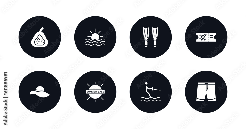 symbol for mobile filled icons set. filled icons such as fig, ocean, diving fins, plane ticket, summer hat, summer sale, waterski, swimming trunks vector.