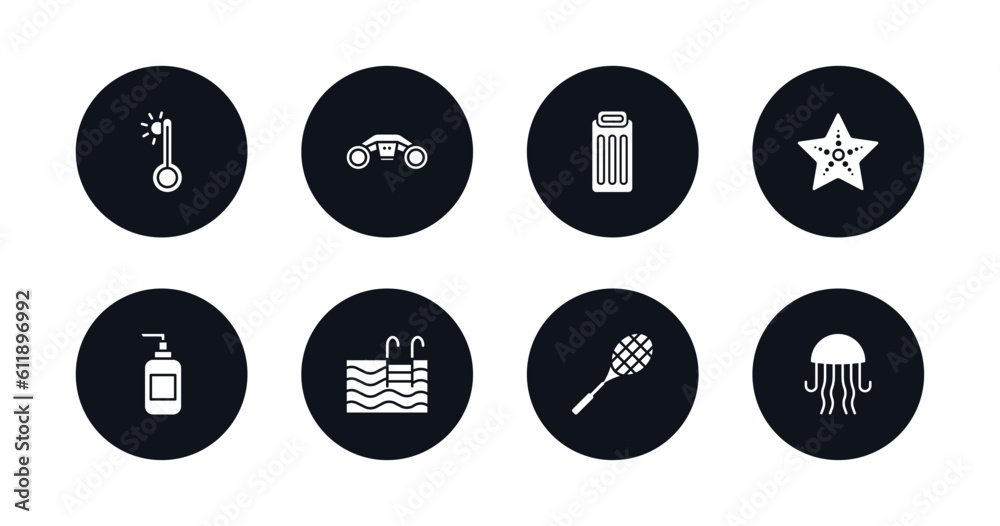 symbol for mobile filled icons set. filled icons such as summer temperature, sea scooter, air mattress, sea star, dispenser, swimming pool, rackets, jellyfish vector. symbol for mobile filled icons set. filled icons such as summer temperature, sea scooter, air mattress, sea star, dispenser, swimming pool, rackets, jellyfish vector.