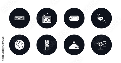 symbol for mobile filled icons set. filled icons such as tee power, radio with antenna, , spotlights, reciever, resistor, hood, wind power vector.