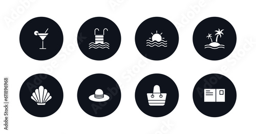 symbol for mobile filled icons set. filled icons such as bar, swimming pool ladder, sun at sea, island, seashell, pamela, beach bag, postcard vector.
