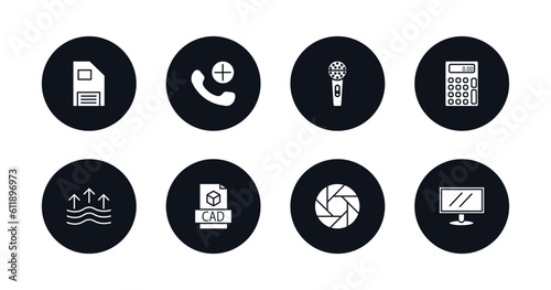 symbol for mobile filled icons set. filled icons such as big floppy disk, add call, basic microphone, basic calculator, evaporation, cad, camera shutter, lcd screen vector.