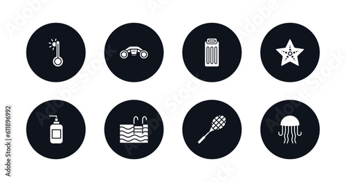 symbol for mobile filled icons set. filled icons such as summer temperature, sea scooter, air mattress, sea star, dispenser, swimming pool, rackets, jellyfish vector.