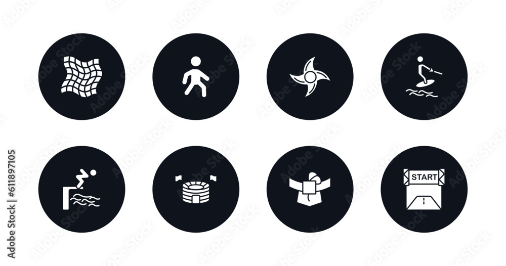 symbol for mobile filled icons set. filled icons such as fishing net, pedestrian walking, ninja shuriken, water ski, swimming jump, estadio, mawashi, starting line vector. symbol for mobile filled icons set. filled icons such as fishing net, pedestrian walking, ninja shuriken, water ski, swimming jump, estadio, mawashi, starting line vector.
