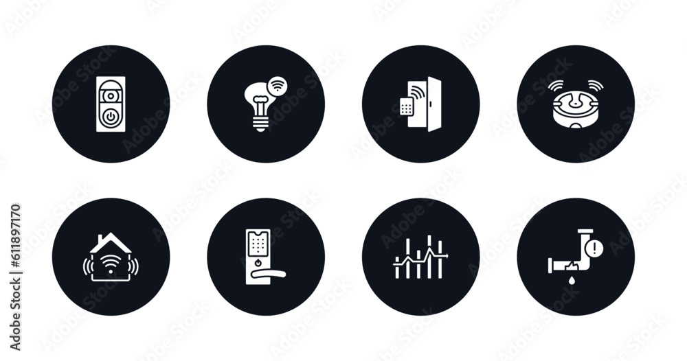 symbol for mobile filled icons set. filled icons such as doorbell, lighting, access, robot vacuum cleaner, home automation, handle, chart, leak vector. symbol for mobile filled icons set. filled icons such as doorbell, lighting, access, robot vacuum cleaner, home automation, handle, chart, leak vector.