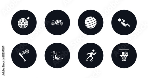 symbol for mobile filled icons set. filled icons such as bullseye, motor sports, gym ball, man doing pushups, home run, sprained ankle, ice skating man, basketball basket vector.