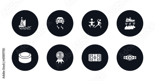 symbol for mobile filled icons set. filled icons such as fisher fishing, drift car, excercise, flying shoes, hockey puck, third, hockey arena, champion belt vector.