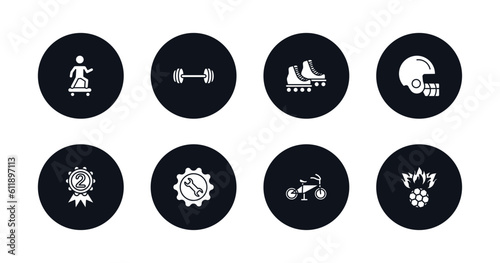 symbol for mobile filled icons set. filled icons such as skating, gym weight, roller skate, baseball helmet, second prize, equipment, race bike, soccer football ball vector.