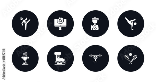 symbol for mobile filled icons set. filled icons such as taekwondo, football channel, pencak silat, capoeira, world cup, ski boots, weight lifting, tennis game vector.
