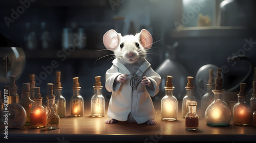 a little mouse with a white coat as an alchemis. Generative AI