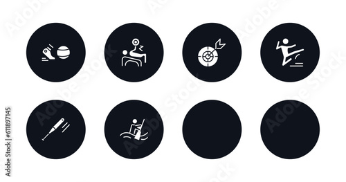symbol for mobile filled icons set. filled icons such as kickball, powerlifting, dart board, discus throw, marathon, kung fu, baseball bat, canoe sport vector.