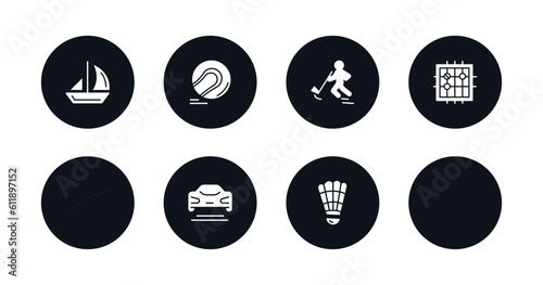 symbol for mobile filled icons set. filled icons such as sailboat sport, hurling, rinkball, go game, sport goggles, judo, formula racing, shuttlecock vector.
