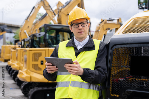 Engineer in a helmet with a digital tablet stands next to construction excavators 