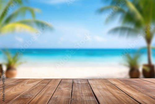 Tropical Paradise  Empty Wooden Table on Blurred Beach Background