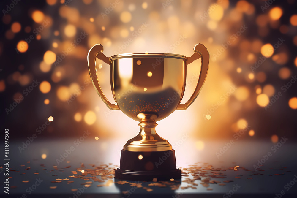 a Champion golden trophy with gold stars on dark Generative AI a Champion golden trophy with gold stars on dark Generative AI