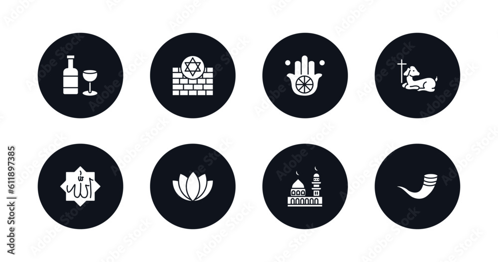 symbol for mobile filled icons set. filled icons such as hebrew wine, kotel, karma, lamb of god, allah word, lotus, medina, shofar vector. symbol for mobile filled icons set. filled icons such as hebrew wine, kotel, karma, lamb of god, allah word, lotus, medina, shofar vector.