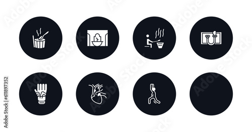 symbol for mobile filled icons set. filled icons such as green sauna, hamam, earth sauna, foot bath, kneipp hose, mottled skin, cardiovascular system, warming-up time vector.