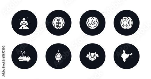 symbol for mobile filled icons set. filled icons such as meditation, qibla, muhammad word, gefilte fish, cake, jewish incense, sacred cow, india vector.