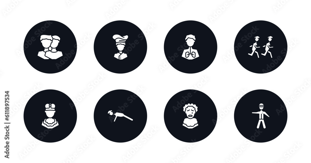 symbol for mobile filled icons set. filled icons such as relations, chief, pulmonary, group of men running, king momo, push ups, pierrot, policeman standing up vector.