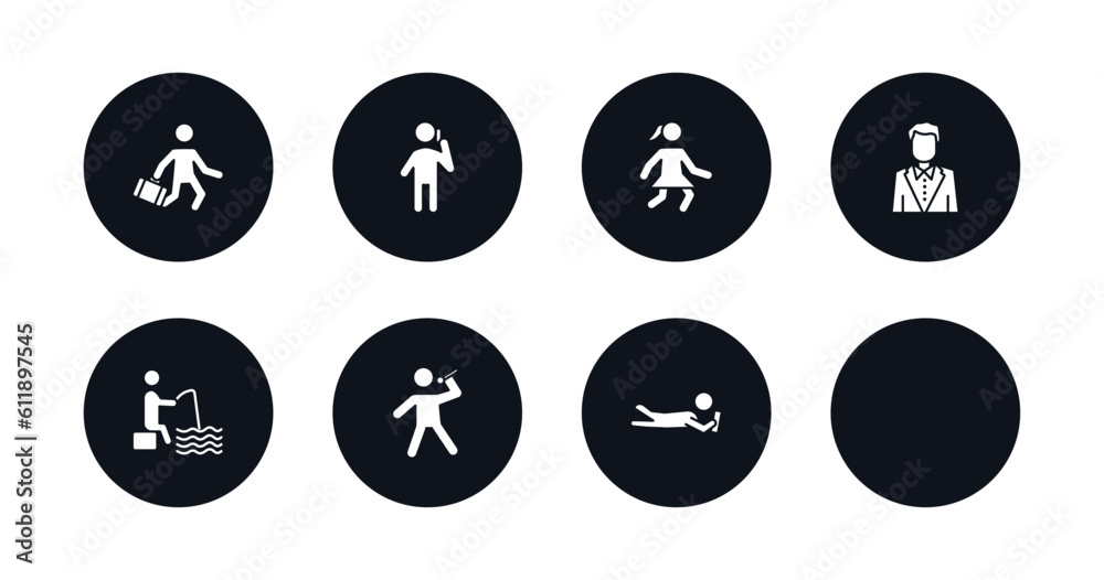symbol for mobile filled icons set. filled icons such as worker running, man talking with phone, girl walking, couple kissing, elegant man, sitting man fishing, singing, lying person reading vector. symbol for mobile filled icons set. filled icons such as worker running, man talking with phone, girl walking, couple kissing, elegant man, sitting man fishing, singing, lying person reading vector.