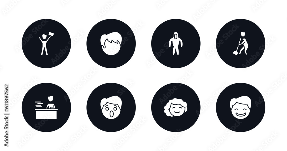 symbol for mobile filled icons set. filled icons such as success man happy, heads, protective suit, sweeping person, working at the office, surprised smile, girl smile, happy smile vector.