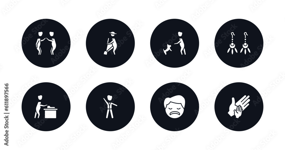 symbol for mobile filled icons set. filled icons such as partners claping hands, farmer working, dog trainer, earings, carpenter working, bestman, sad smile, hand of an adult vector. symbol for mobile filled icons set. filled icons such as partners claping hands, farmer working, dog trainer, earings, carpenter working, bestman, sad smile, hand of an adult vector.