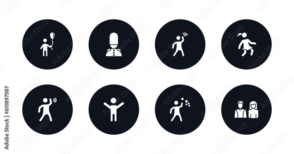 symbol for mobile filled icons set. filled icons such as boy with balloon, queens guard, goodbye, woman covering, man hearing, man celebrating, man making soap bubbles, parents vector.