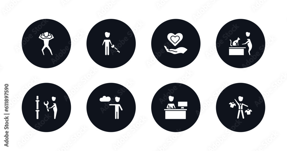 symbol for mobile filled icons set. filled icons such as pulling hair, man with big key, heart in hands, vet with cat, plumber working, weathercaster, assembler, salesman working vector. symbol for mobile filled icons set. filled icons such as pulling hair, man with big key, heart in hands, vet with cat, plumber working, weathercaster, assembler, salesman working vector.