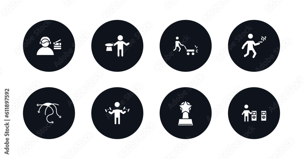 symbol for mobile filled icons set. filled icons such as movie director, magician boy, person mowing the grass, man walking and smoking, complex, biceps of a man, cinema award, validating ticket symbol for mobile filled icons set. filled icons such as movie director, magician boy, person mowing the grass, man walking and smoking, complex, biceps of a man, cinema award, validating ticket
