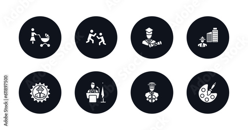 symbol for mobile filled icons set. filled icons such as baby sitter, wrestling, graduated, civil engineer, mechanical engineer, president, driver, artist vector.