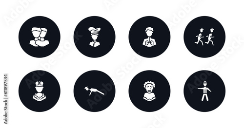 symbol for mobile filled icons set. filled icons such as relations, chief, pulmonary, group of men running, king momo, push ups, pierrot, policeman standing up vector.