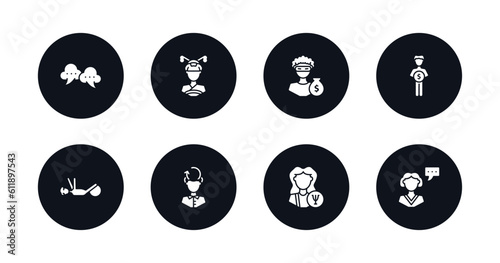 symbol for mobile filled icons set. filled icons such as speak bubble, japan geisha, steal, man saving money, physiotherapy, rethink, psychologist, monologue vector.