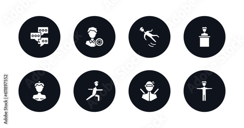 symbol for mobile filled icons set. filled icons such as chat group, layer working, slide down, speaker in a conference, sumo fighter, stretching exercises, ninja portrait, standing up man vector.